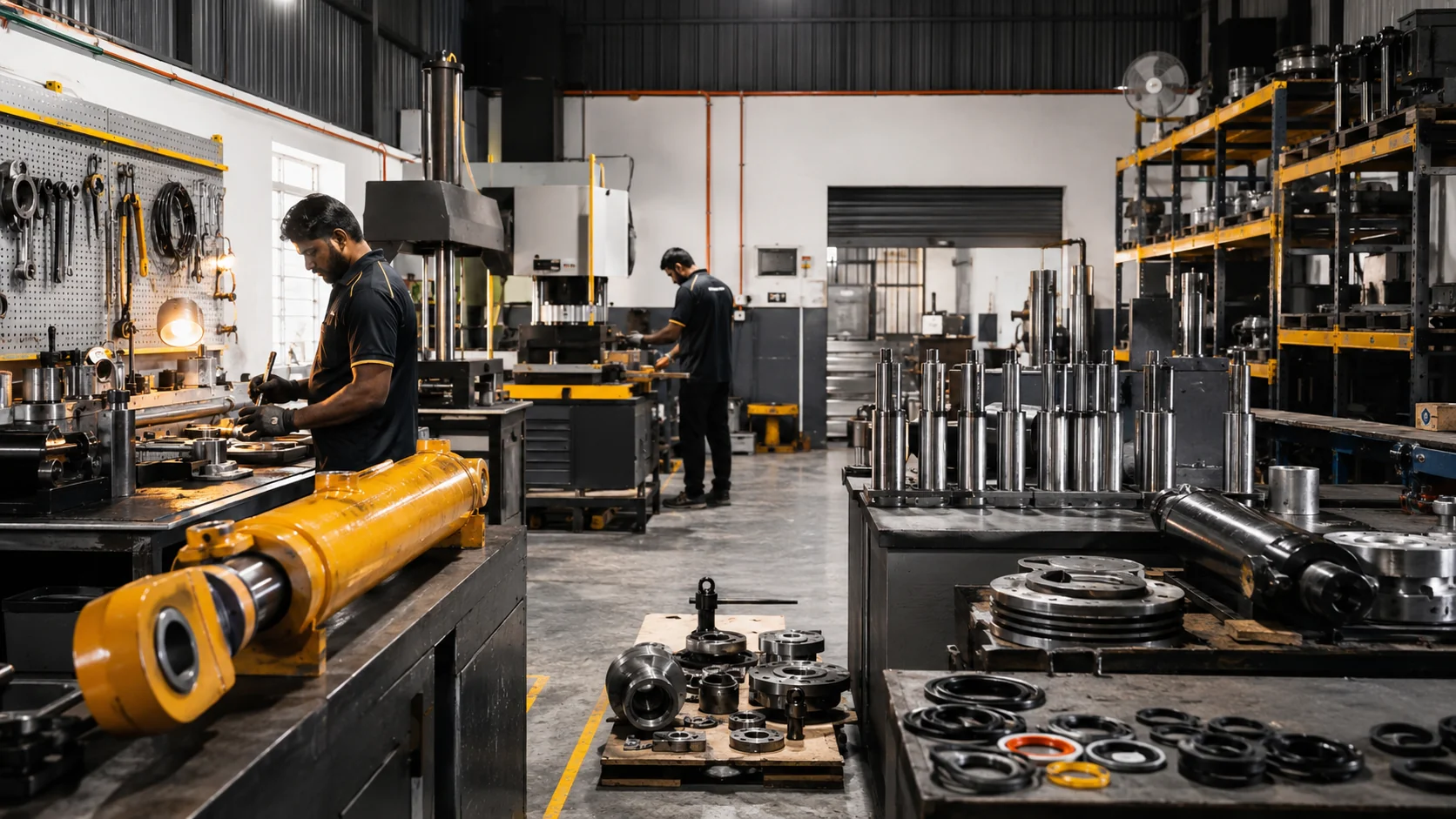 AR Hydraulics workshop floor — two technicians assembling hydraulic components at workbenches, with a yellow hydraulic cylinder in the foreground and cylinder rods and seal kits stored on shelving behind