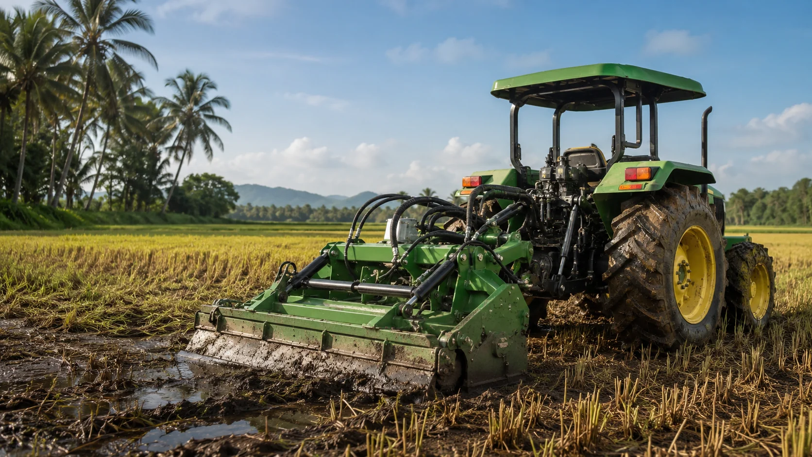 Tractor with a rotary tiller attachment working a flooded rice paddy field, with palm trees and hills in the background