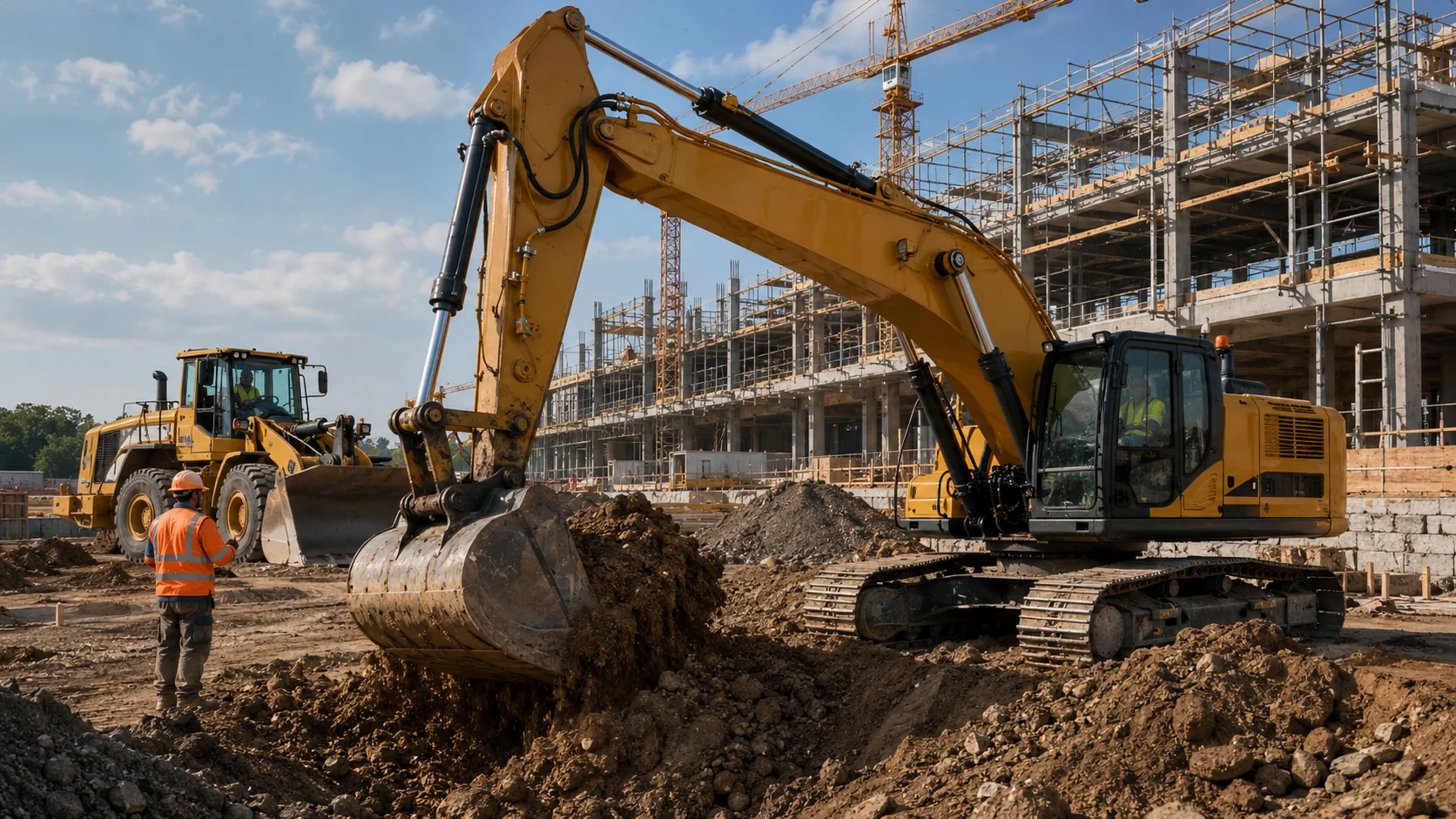 Yellow excavator digging alongside a wheel loader at a construction site, with a multi-storey building under construction and a tower crane in the background