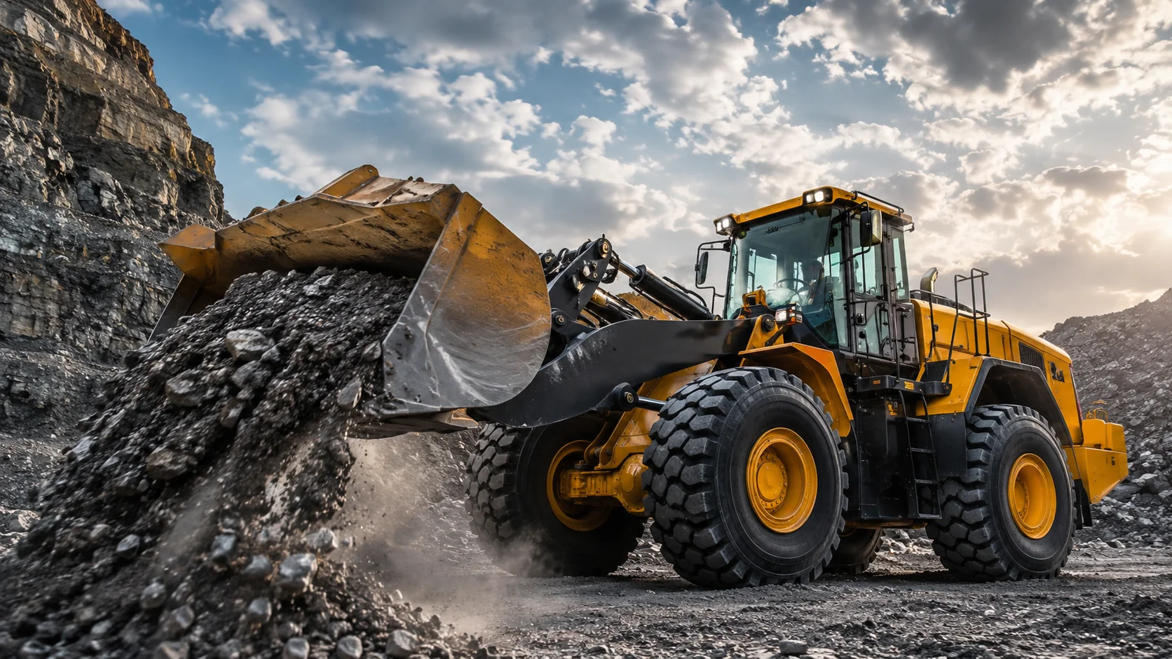 Wheel loader dumping crushed rock from its bucket at a quarry, with a rocky cliff face in the background