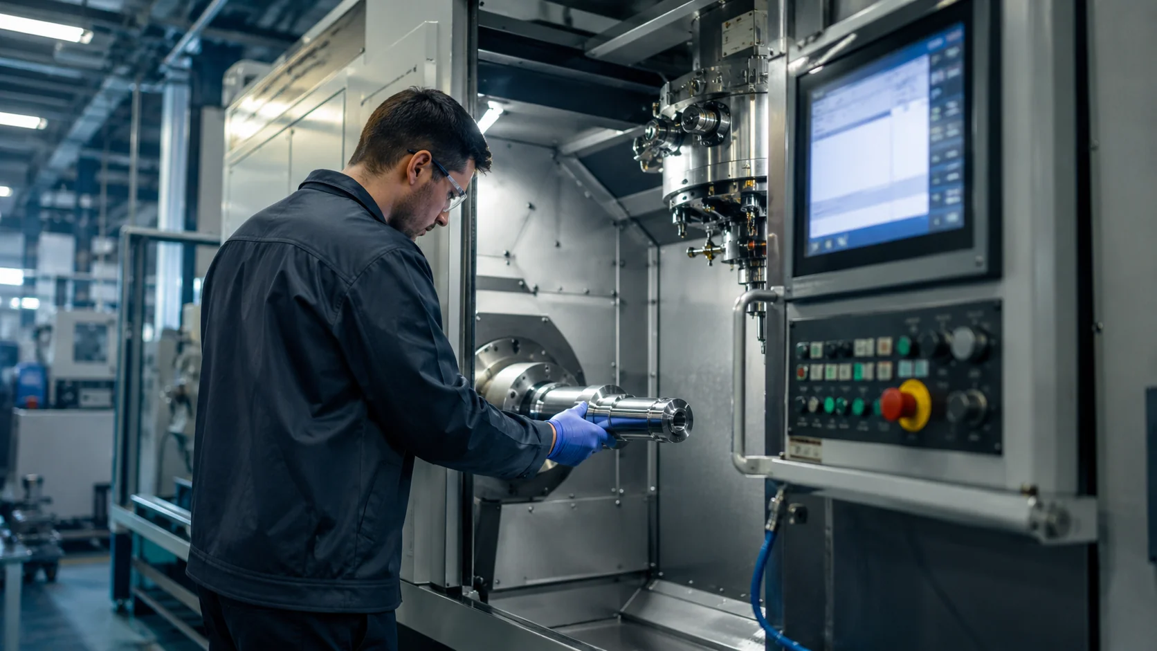 Technician in a workshop inspecting a precision-machined metal shaft beside a CNC machining center control panel