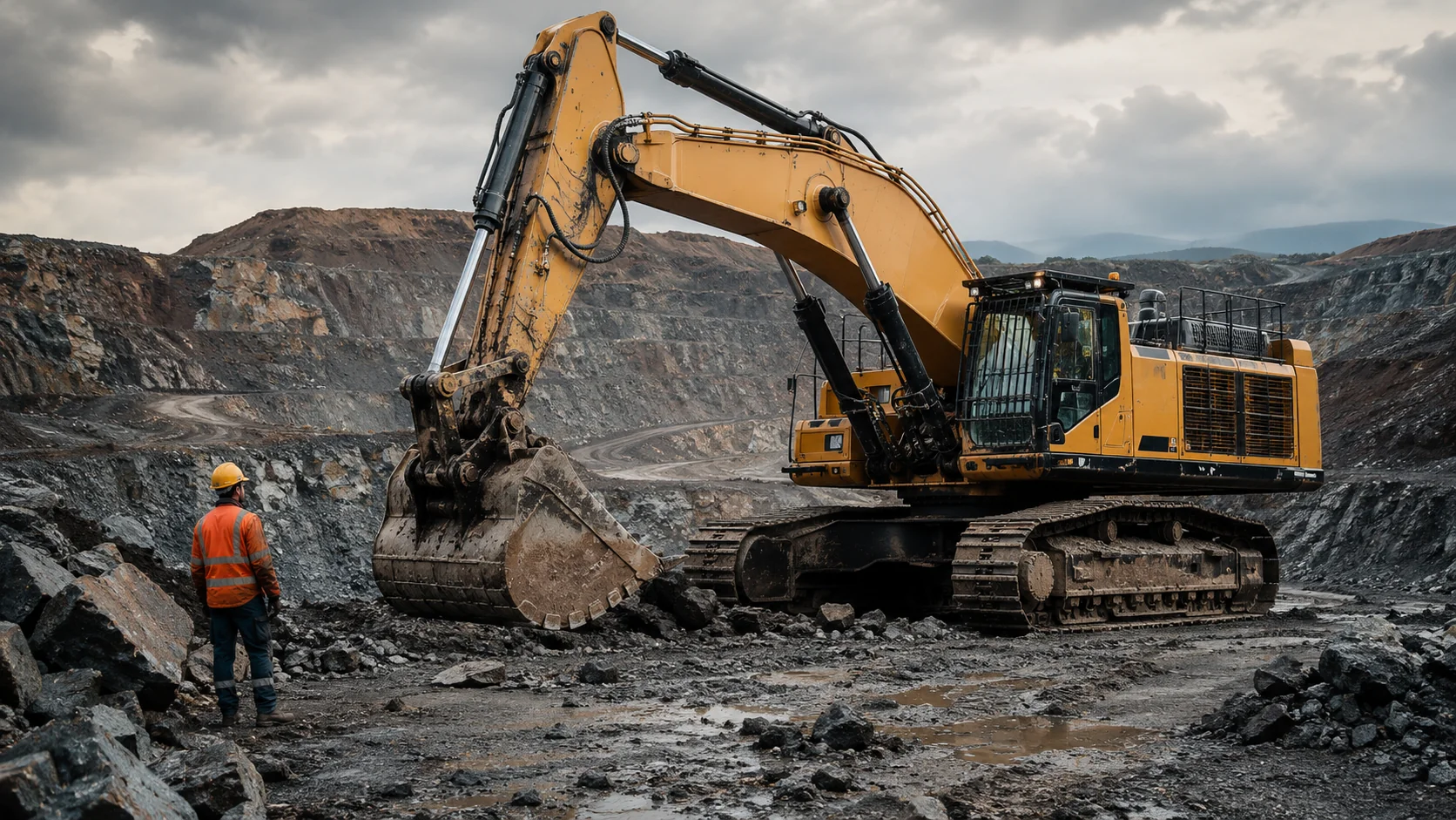 Technician in an orange hi-vis jacket standing beside a large excavator at an open-pit mine, with terraced rock walls under an overcast sky