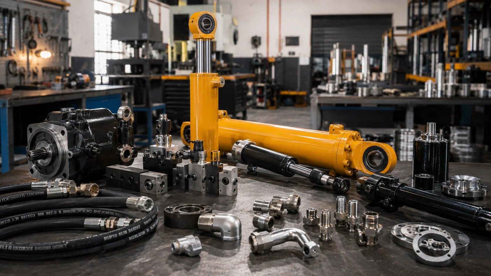 Hydraulic products — a yellow hydraulic cylinder, pump, hoses, fittings and flanges arranged on a workshop bench