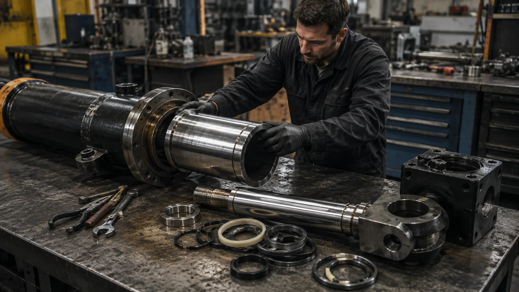 Technician disassembling a hydraulic cylinder for seal replacement, with the seal kit laid out on the workbench