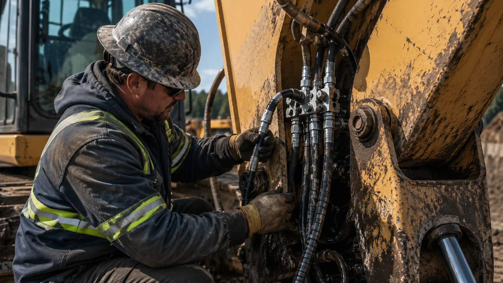 Technician in a hard hat replacing hydraulic hoses on an excavator boom on site
