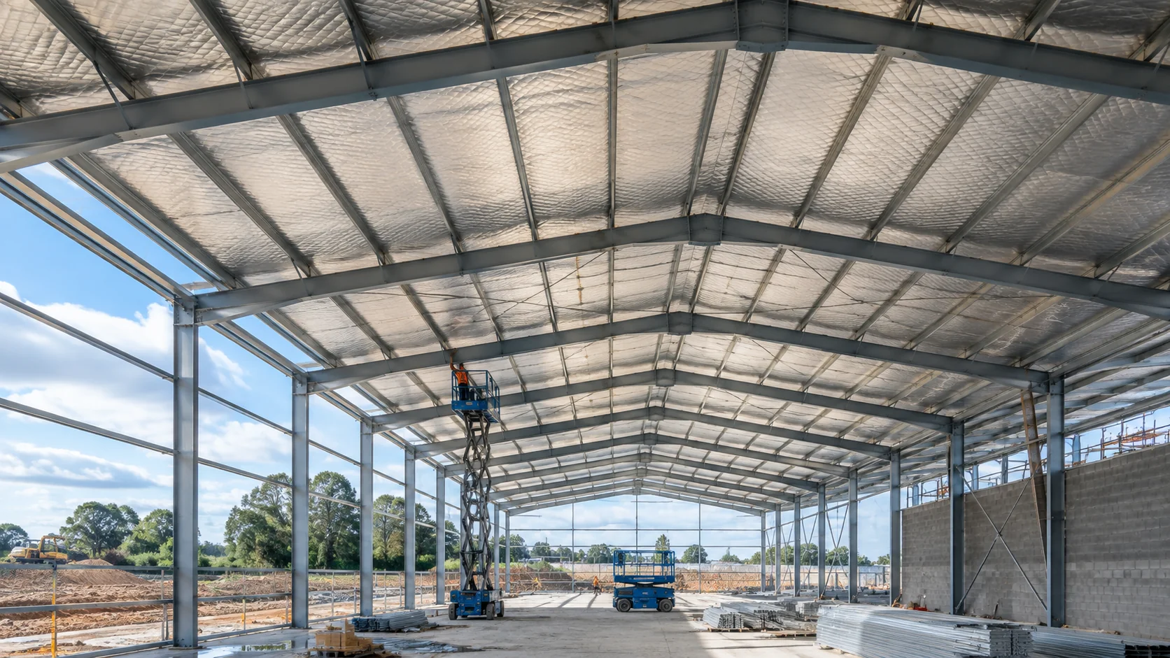 Interior view of a steel-framed industrial shed under construction, with workers on scissor lifts installing roof insulation