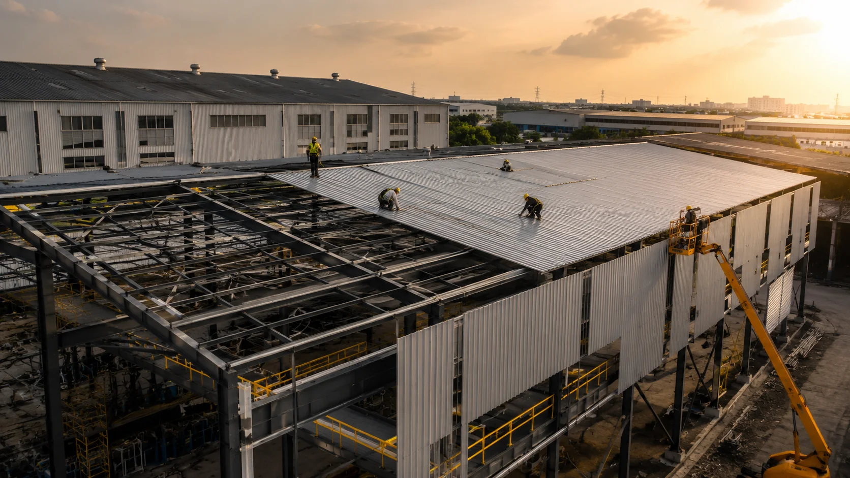 Aerial view of technicians installing metal roofing sheets on an industrial building at sunset, with a crane lift alongside